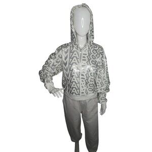 Marc Jacobs Women's Monogram Cropped Hoodie and Pants 2 PC Set Silver White Size